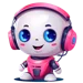 A pink robot with headphones and blue eyes.