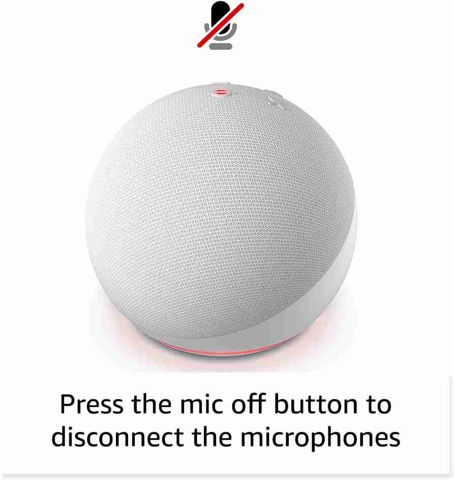 A white speaker with the words press the mic off button to disconnect the microphones.