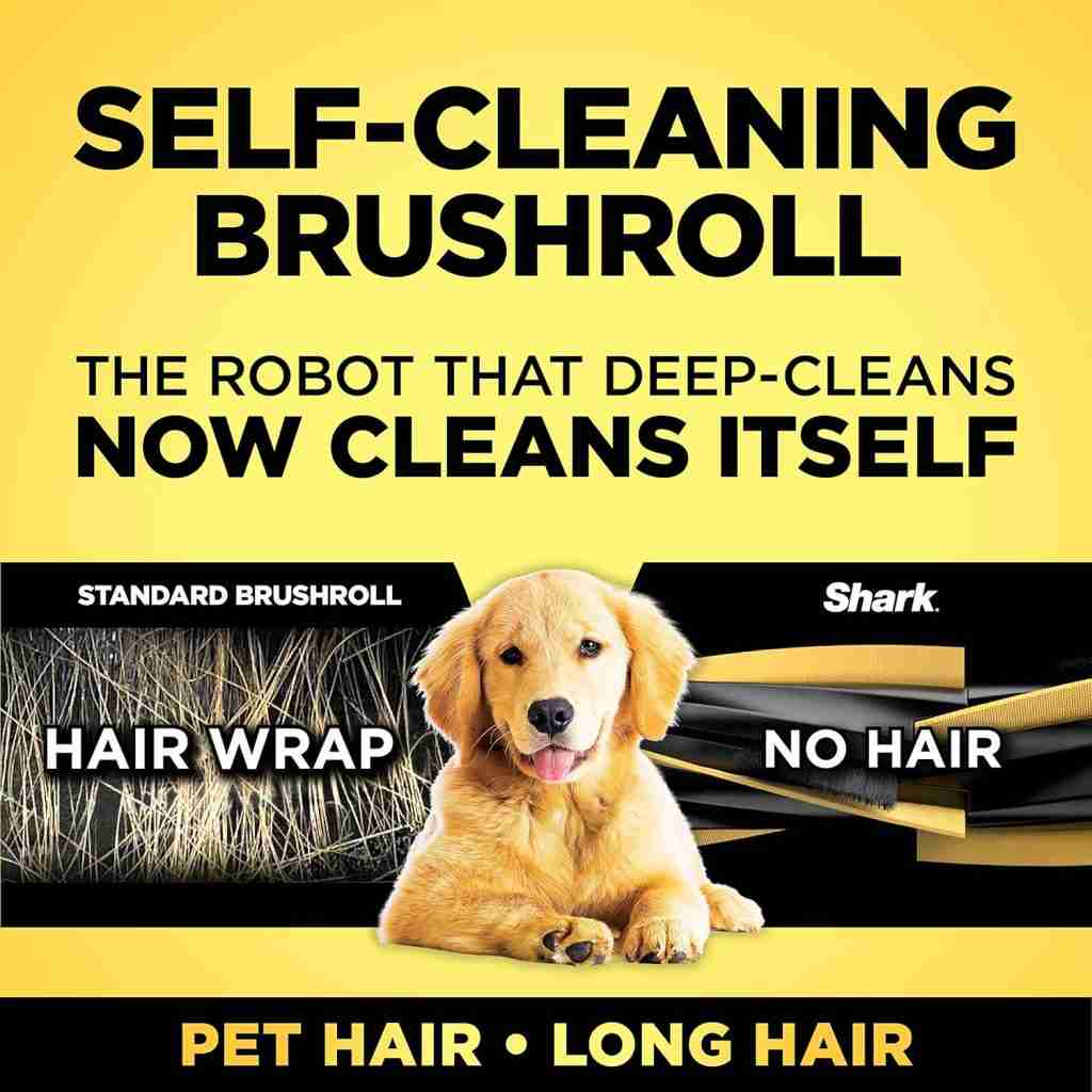 Golden retriever with self-cleaning robot vacuum for pet hair.