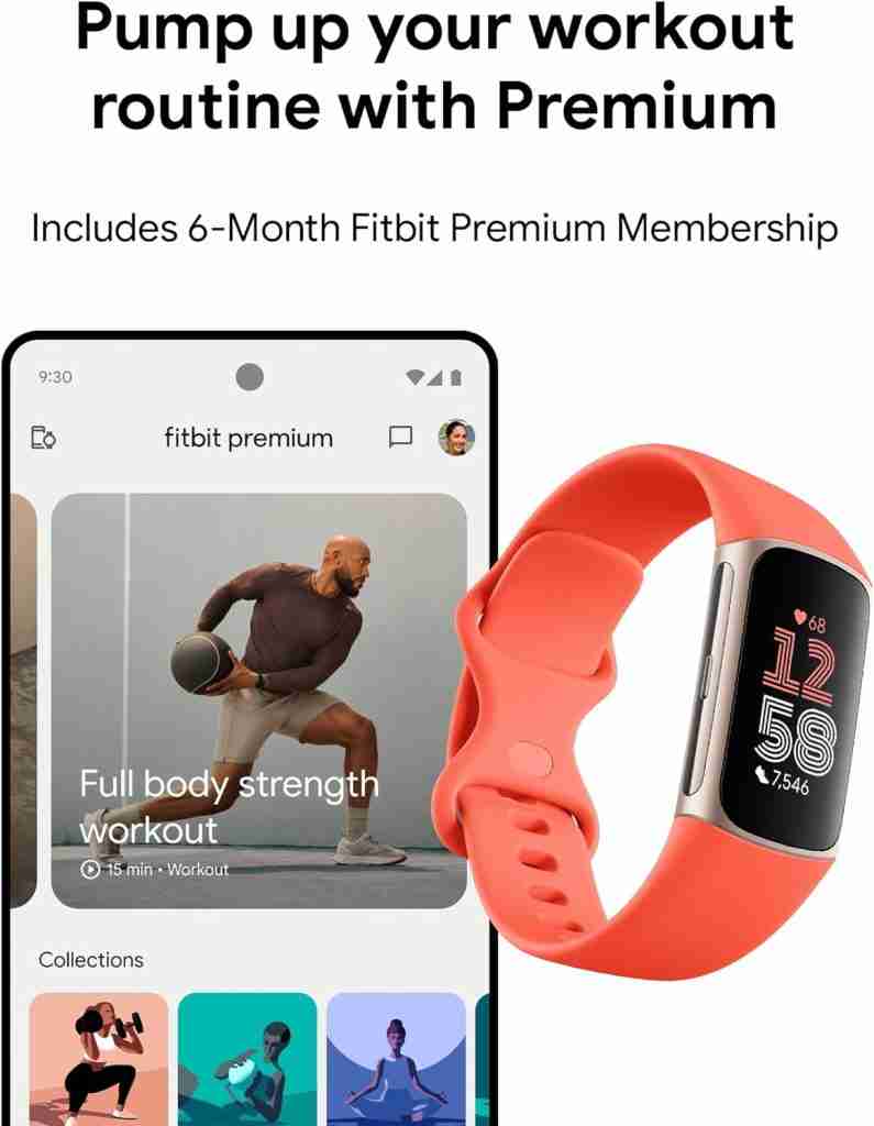 Fitbit Premium ad with fitness tracker and workout images.