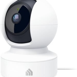 White security camera with a black lens and a small green indicator light, mounted on a white base.