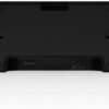 Black soundbar with a sleek, rounded design, viewed from the back.