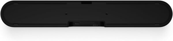 Black soundbar with a sleek, rounded design, viewed from the back.