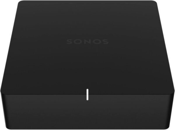 Black Sonos wireless audio streaming device.