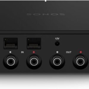 Black Sonos device with multiple input and output ports on the back, including two Ethernet ports, power input, and various audio ports.