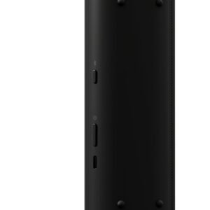Black cylindrical electronic device with power and Bluetooth buttons on the side.