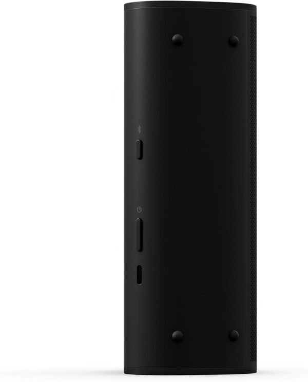 Black cylindrical electronic device with power and Bluetooth buttons on the side.