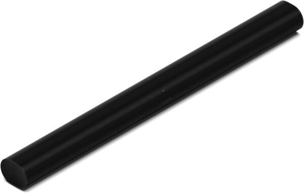 Black cylindrical soundbar with a minimalistic design.