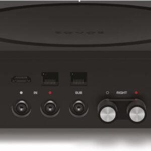 Back view of a Sonos amplifier showing various input and output ports including IN, SUB, RIGHT, and LEFT connections, as well as network ports.