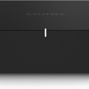 Black Sonos Connect Amp, front view, displaying the brand logo on top.