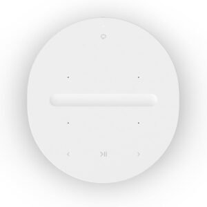 Top view of a white elliptical device with touch controls for audio playback, including a microphone icon, a slider, and play/pause, forward, and backward buttons.