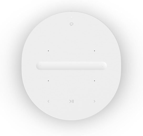 Top view of a white elliptical device with touch controls for audio playback, including a microphone icon, a slider, and play/pause, forward, and backward buttons.