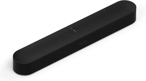 Black Sonos soundbar with rounded edges and touch controls on top.