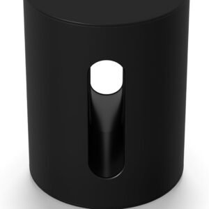 Black cylindrical Sonos subwoofer with a vertical cutout revealing inner components.