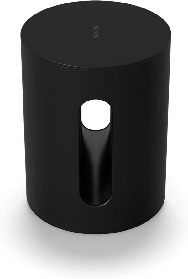 Black cylindrical Sonos subwoofer with a vertical cutout revealing inner components.