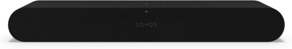 Black Sonos soundbar with a mesh front and rounded edges.