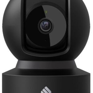 Black spherical security camera with lens at the center, mounted on a rotating base.