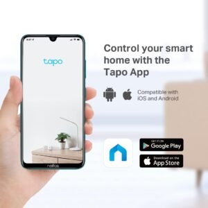 Hand holding a smartphone with the Tapo app open, showing a minimalistic room with a plant and lamp. Text reads "Control your smart home with the Tapo App" with icons indicating compatibility with iOS and Android, along with download buttons for Google Play and the App Store.