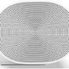 Oval-shaped white speaker with a perforated grille.