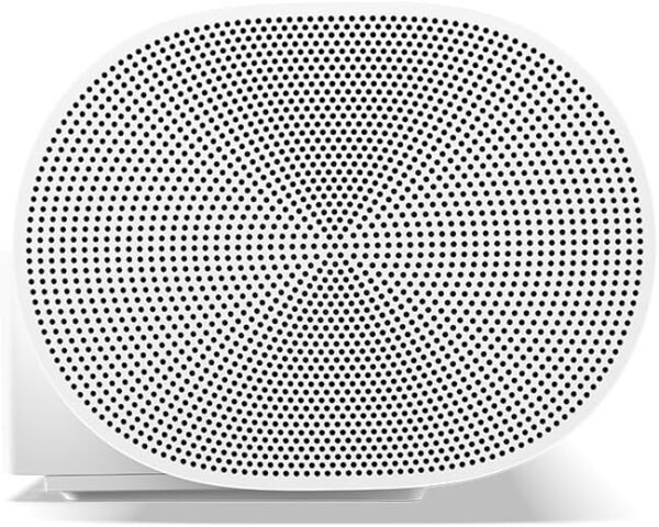 Oval-shaped white speaker with a perforated grille.