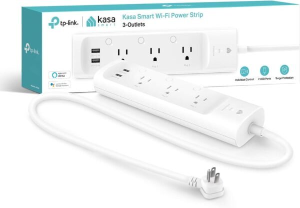 Kasa Smart Wi-Fi Power Strip with three outlets, two USB ports, and a white power cord, shown with packaging.