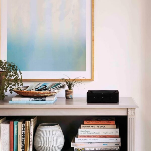 Bookshelf with various books, a small plant, a decorative bowl, and a black electronic device; a large framed abstract print hangs on the wall above.