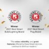 Two PC Mag Reader's Choice award logos, one for "2021 Best Smart Bulb/Lighting Brand" and another for "2021 Best Smart Plug Brand," with a quote about Kasa Smart's value, reliability, and features.