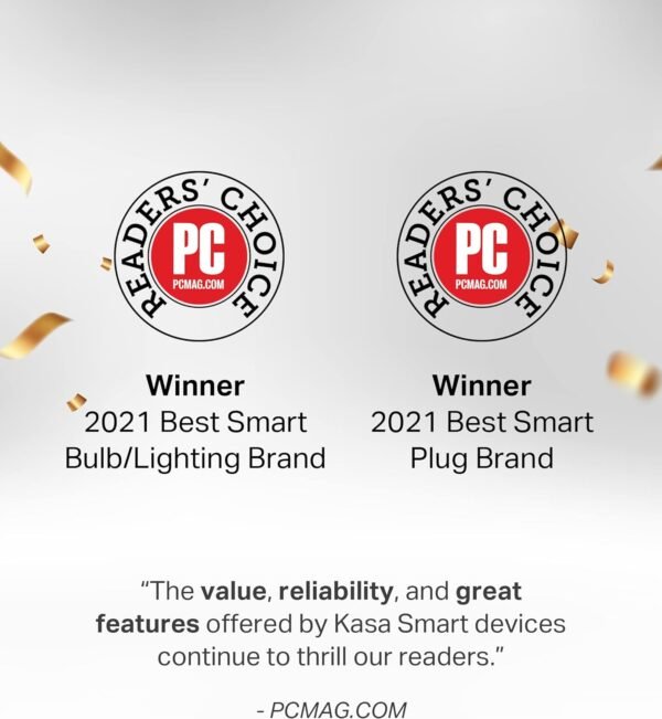 Two PC Mag Reader's Choice award logos, one for "2021 Best Smart Bulb/Lighting Brand" and another for "2021 Best Smart Plug Brand," with a quote about Kasa Smart's value, reliability, and features.