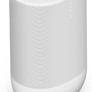 Sonos One SL smart speaker in white, featuring touch controls on the top surface and perforated speaker grill around the body.