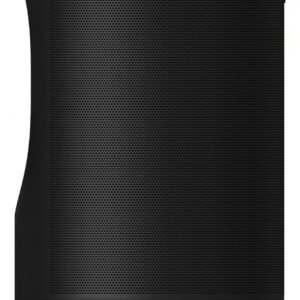 Black cylindrical Bluetooth speaker with perforated grille and control buttons on the side.