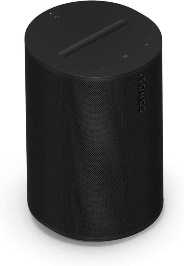 Black Sonos smart speaker with touch controls on top.