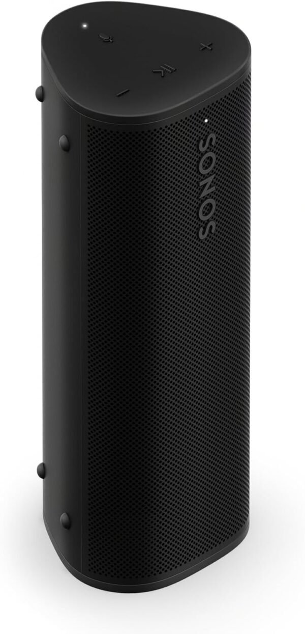 Black Sonos portable smart speaker with control buttons on top and a perforated grille covering the sides.