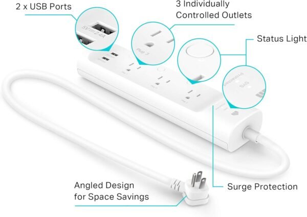 White power strip with three individually controlled outlets, two USB ports, a status light, angled design for space savings, and surge protection.