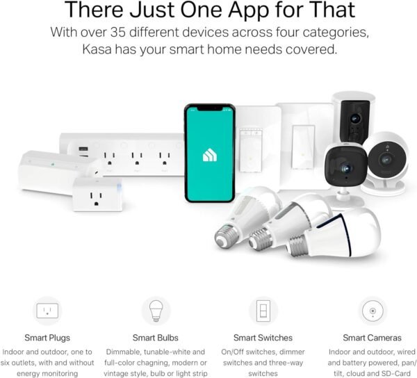 Various smart home devices from Kasa, including smart plugs, smart bulbs, smart switches, smart cameras, and a smartphone displaying the Kasa app.