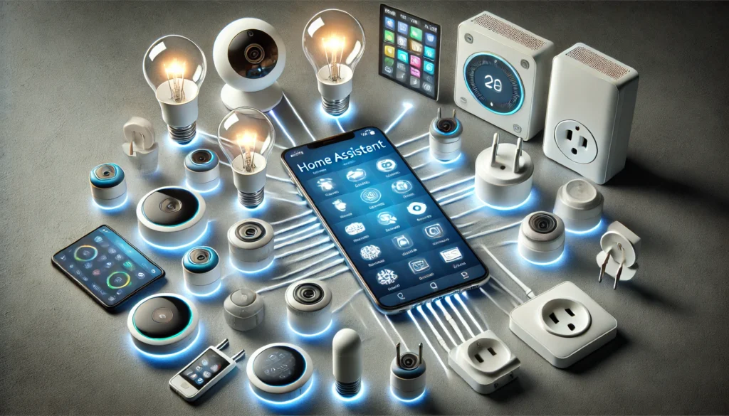 Smartphone with "Home Assistant" app surrounded by various smart home devices, including light bulbs, outlets, cameras, and sensors.