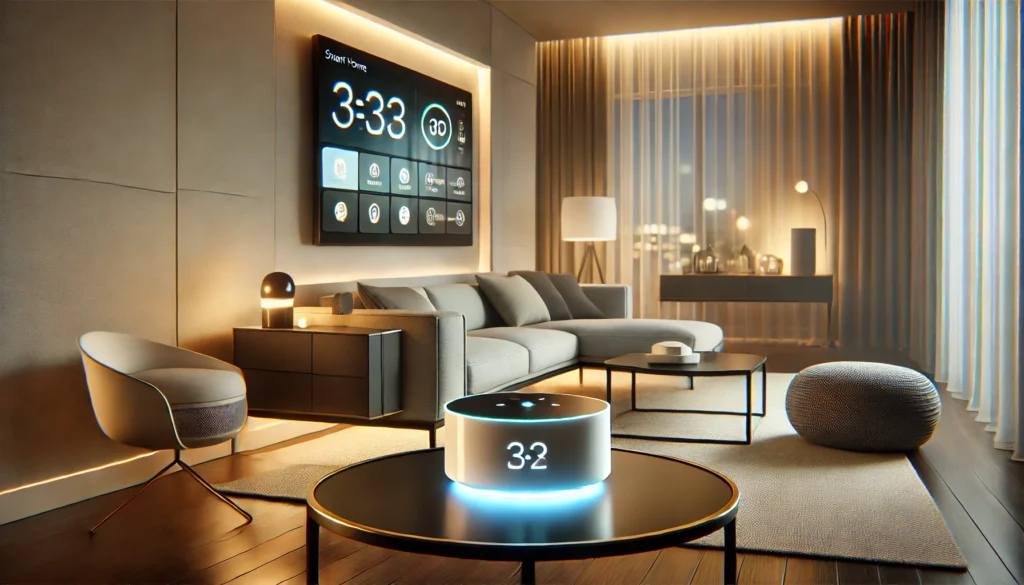 Modern living room with smart home technology, including a large wall-mounted screen displaying 3:33 and various icons, a sleek coffee table with a digital device showing 3:2, contemporary furniture, and elegant lighting.