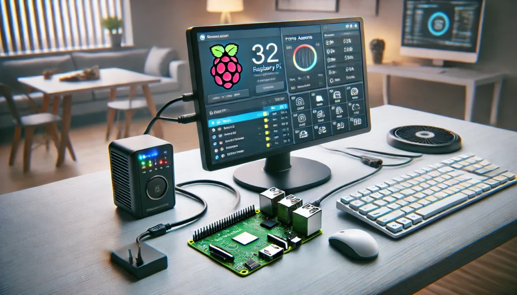 A desk setup featuring a Raspberry Pi connected to a monitor displaying system information, a compact mini fan, a wireless keyboard and mouse, and a small power unit. The background shows a modern living room.