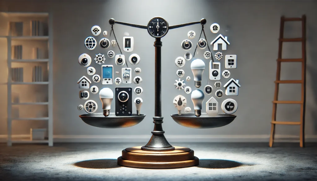 A balance scale with various technology and smart device icons on both sides, symbolizing equilibrium in smart home technology.