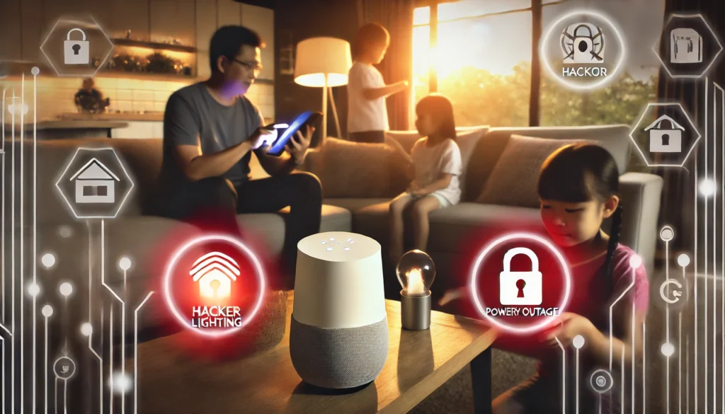 A family in a living room surrounded by technology-themed graphics depicting cybersecurity threats and monitoring, with a smart speaker and tablet in use.