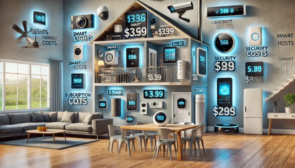 Smart home with various devices and their costs displayed, including lights, cameras, thermostats, and security systems.