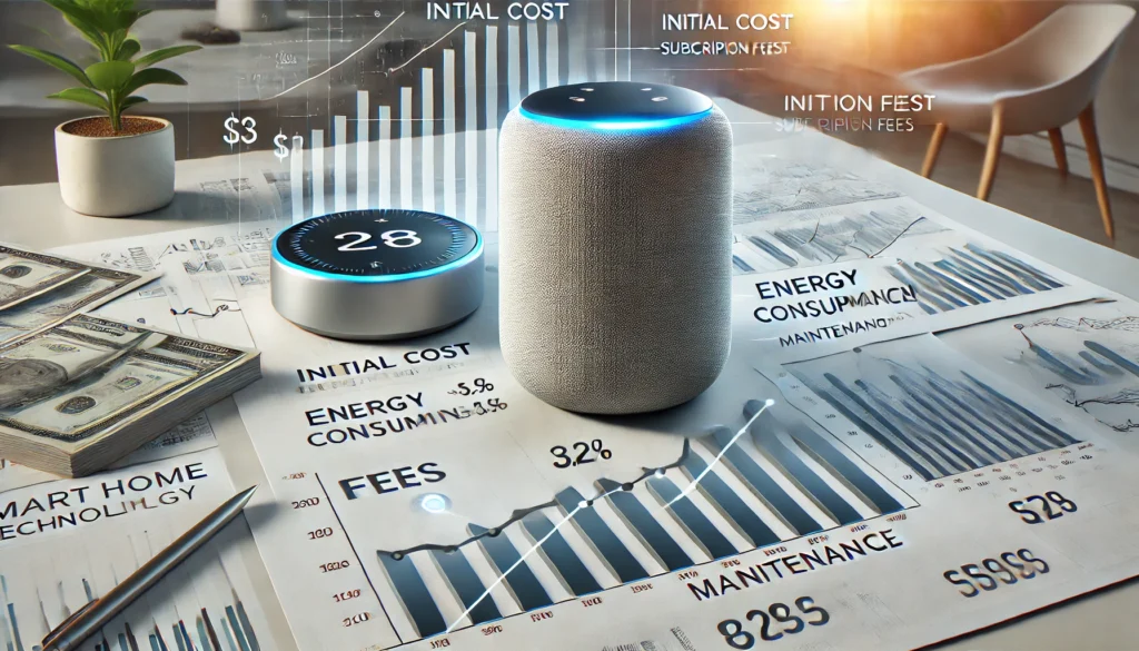 Smart home devices on a table surrounded by financial charts, graphs, and stacks of dollar bills.