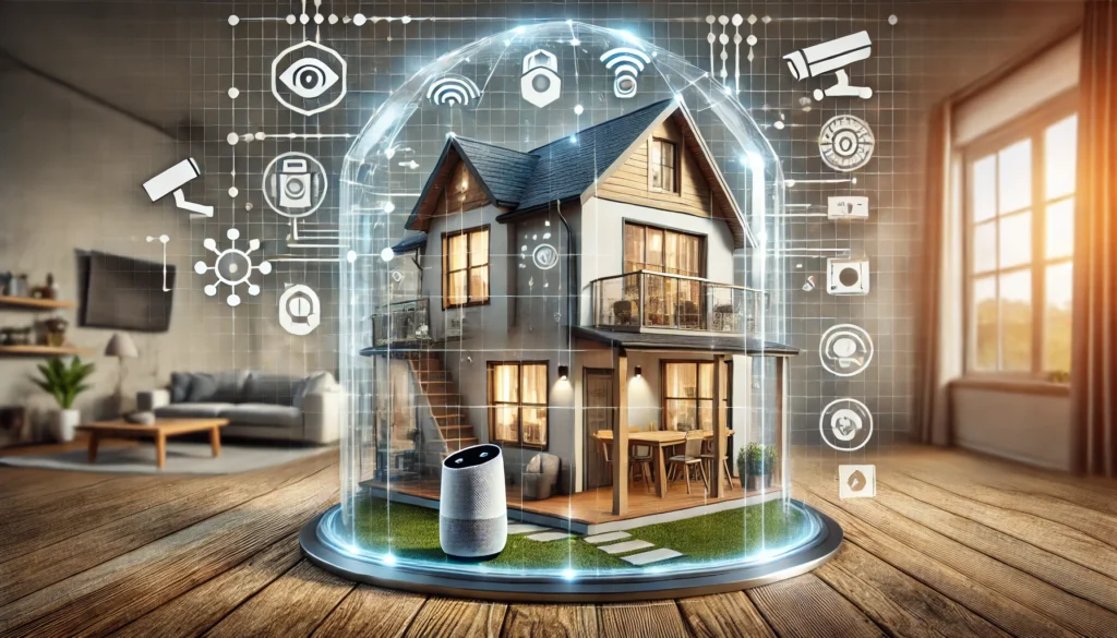 Smart home surrounded by digital icons representing various connected devices, including security cameras, a smart speaker, and a lock, inside a modern living room.