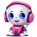 Cute robot with big blue eyes wearing pink headphones and a pink outfit.