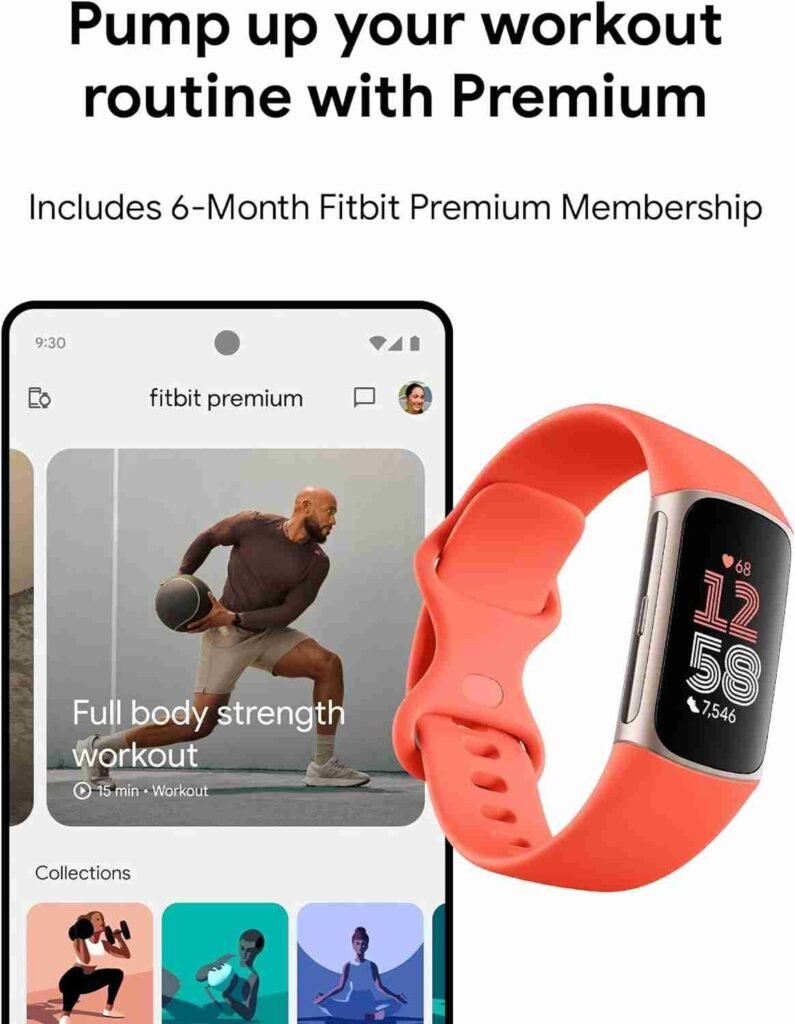 Fitbit Charge 6 Fitness Tracker with Google apps, Heart Rate on Exercise Equipment, 6-Months Premium Membership Included, GPS, Health Tools and More, Coral/Light Gold, One Size (S  L Bands Included)