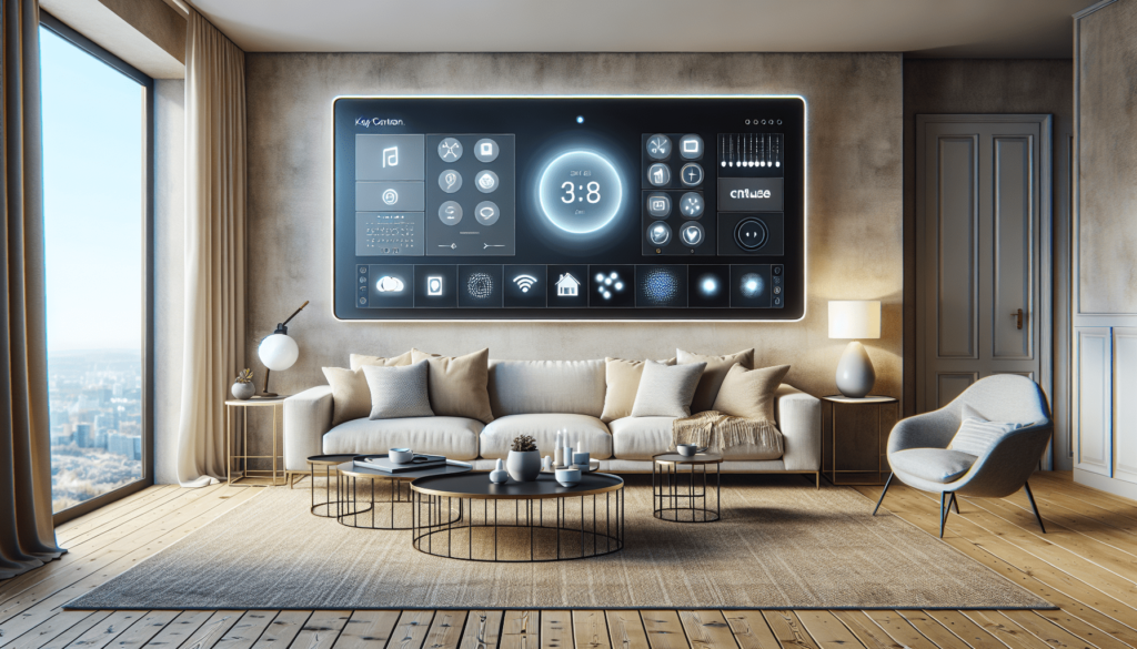 Modern living room with a large smart home control panel on the wall, featuring a beige sofa, round coffee tables, and a cozy armchair. Floor-to-ceiling windows provide a city view, while neutral tones create a calm atmosphere.