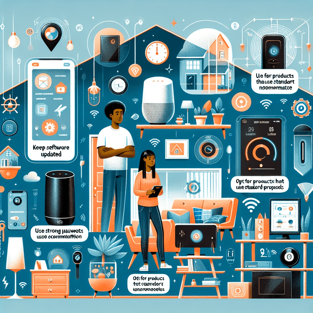 Illustration of a smart home with various connected devices, including smart speakers, thermostats, security cameras, and mobile devices. Two people are shown interacting with these devices. Tips for security, such as updating software, using strong passwords, and opting for products with standard protocols, are displayed.