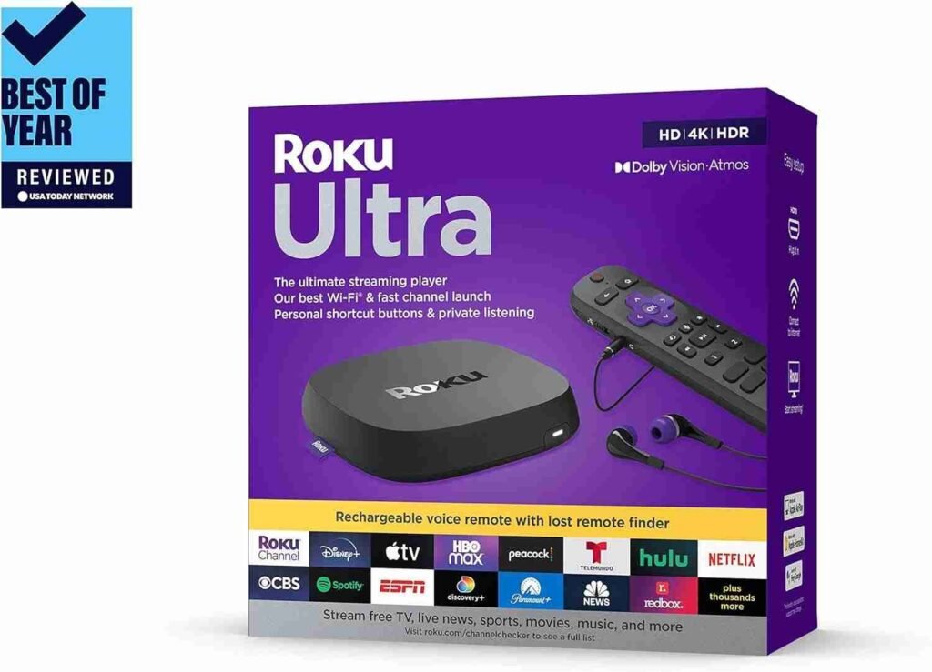 Roku Ultra | The Ultimate Streaming Device 4K/HDR/Dolby Vision/Atmos, Rechargeable Roku Voice Remote Pro, Ethernet Port, Hands-Free Controls, Lost Remote Finder, Free  Live TV