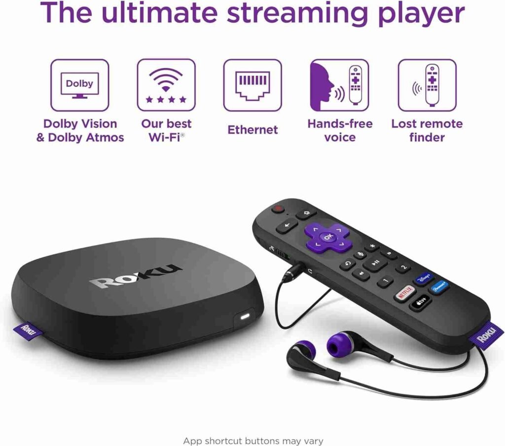 Roku Ultra | The Ultimate Streaming Device 4K/HDR/Dolby Vision/Atmos, Rechargeable Roku Voice Remote Pro, Ethernet Port, Hands-Free Controls, Lost Remote Finder, Free  Live TV