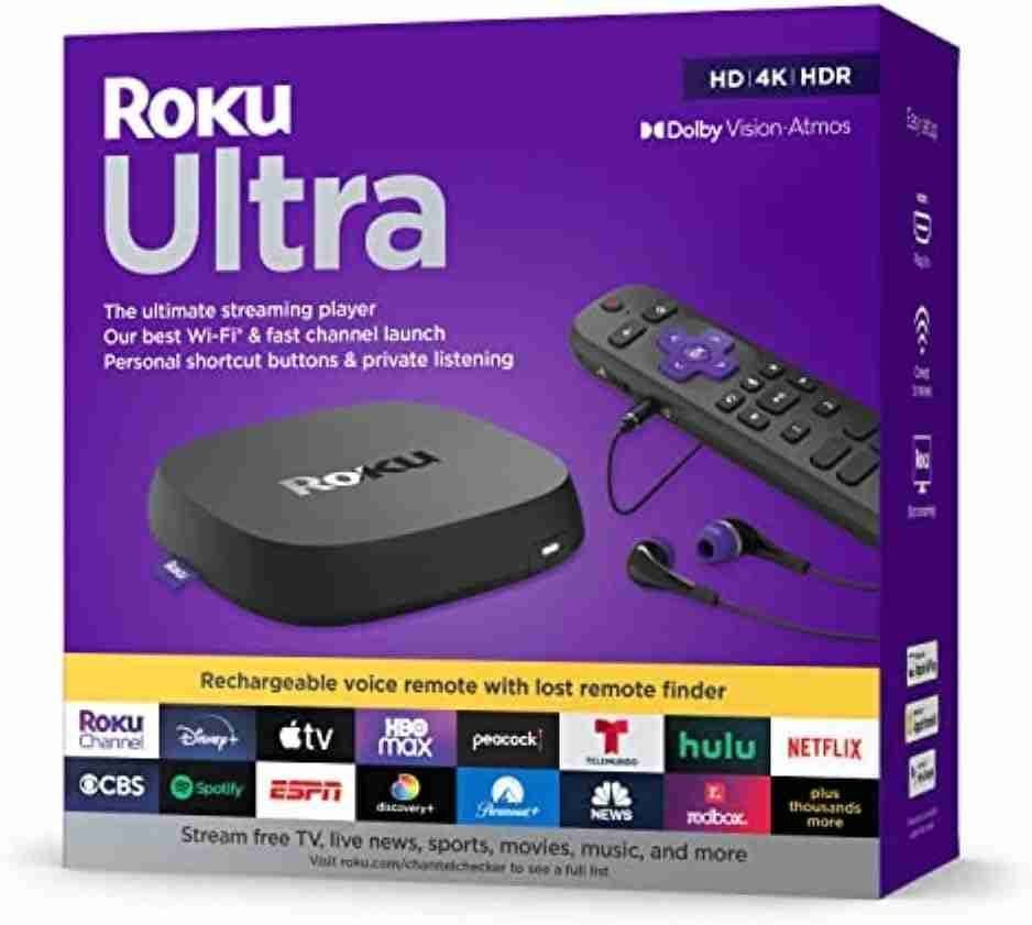 Roku Ultra | The Ultimate Streaming Device 4K/HDR/Dolby Vision/Atmos, Rechargeable Roku Voice Remote Pro, Ethernet Port, Hands-Free Controls, Lost Remote Finder, Free  Live TV