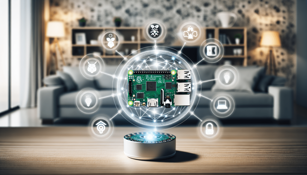 A Raspberry Pi microcomputer is depicted with a network of interconnected smart home icons surrounding it, all floating above a pedestal on a living room table.